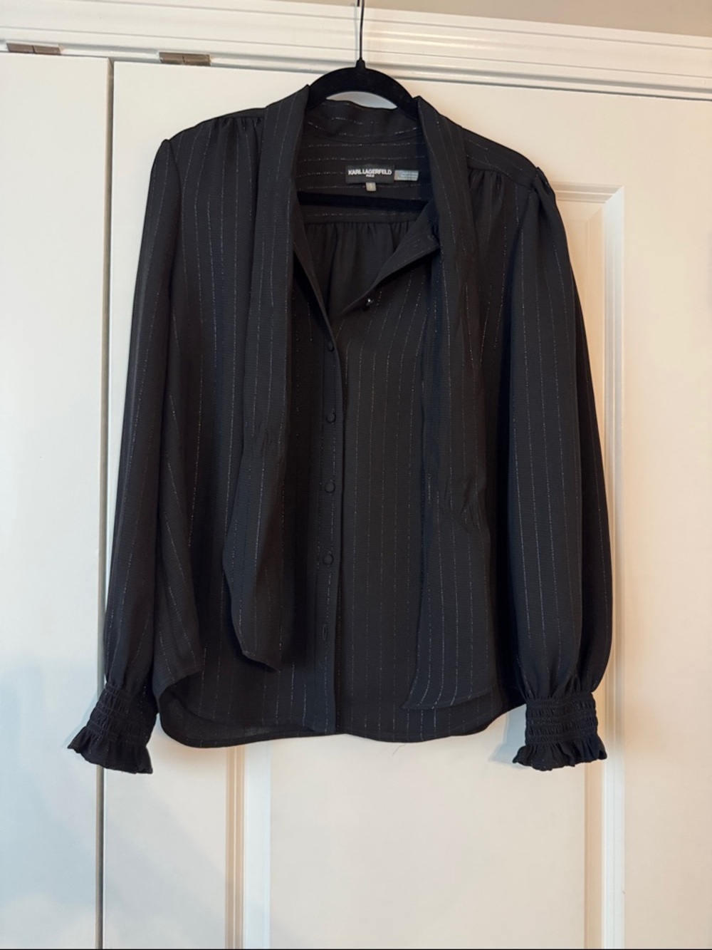 Karl Lagerfeld Black Pinstriped Tie-Neck Blouse